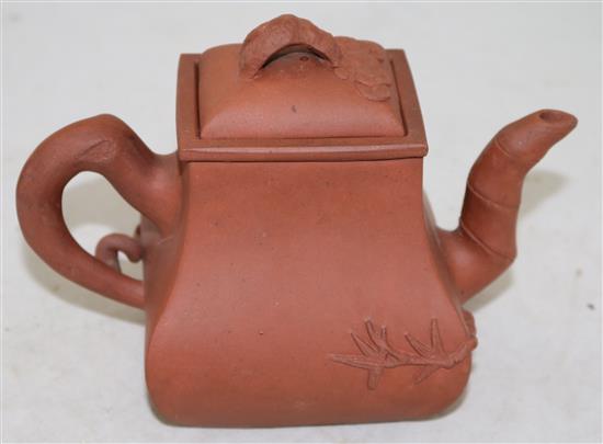 A Chinese Yixing pottery rectangular baluster teapot and cover, late 19th century, height 14.5cm